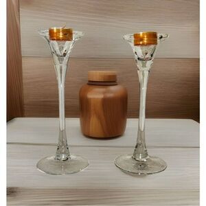 2 Toscany Hand Blown Romania Glass Etched Candlesticks